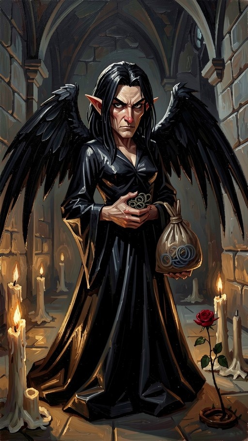 A stern male figure with long black hair, pointed ears, and large black wings stands in a stone hallway holding a bag of coins and rings, with a single red rose on the floor nearby.