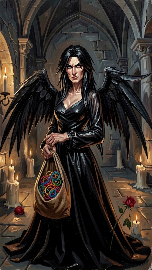 A full-body digital painting of a dark-winged woman in a black dress holding a bag of colorful rubber bands in a stone hallway with candles and roses.