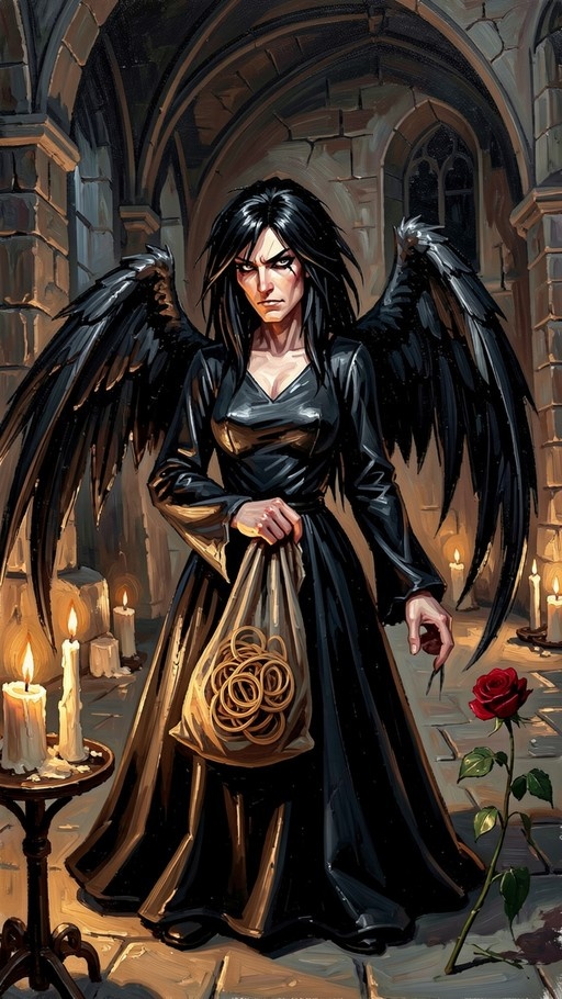 A full-body digital painting of a woman with long black hair and large black wings standing in a stone corridor. She wears a black dress and holds a bag of bread loops, with a red rose on the ground beside her and candles burning nearby.