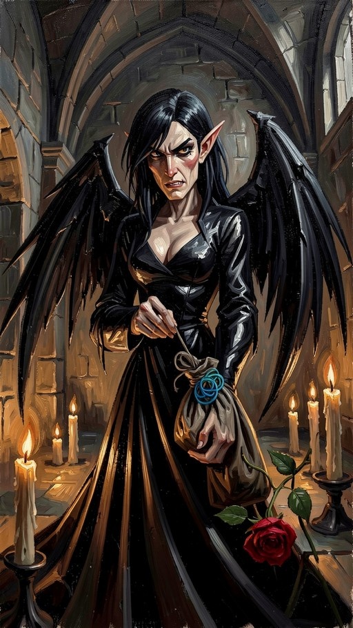 A pale vampire woman with long black hair, pointed ears, and large black wings stands in a candlelit stone hall holding a small sack, with a red rose on the ground nearby.