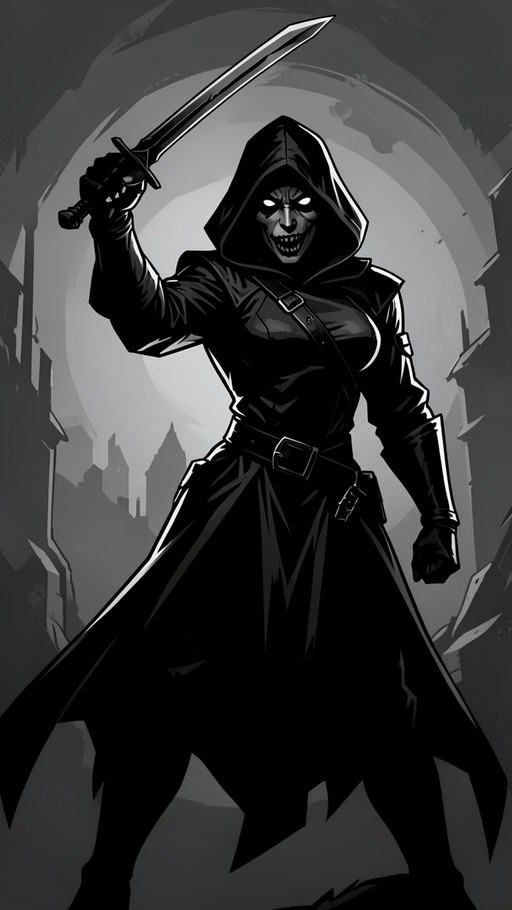 A monochrome comic-style illustration of a female figure in a black hooded cloak and skeletal mask holding a sword aloft against a moonlit city backdrop.