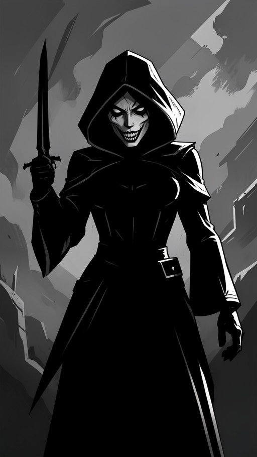 A monochrome digital illustration of a hooded female figure with a pale, grinning face holding a sword upright against a grey background.