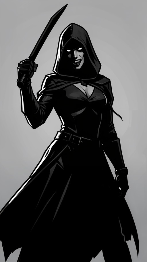 A monochrome illustration of a woman in a black hooded cloak holding a large knife and smiling menacingly with glowing white eyes.