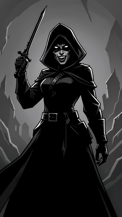 Greyscale comic-style illustration of a hooded female figure holding a dagger, smiling with sharp teeth and glowing eyes.