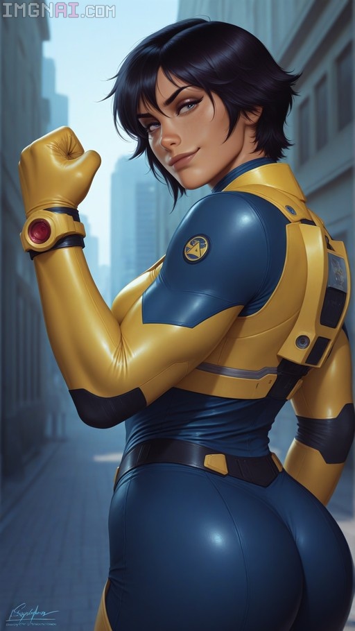 A woman with short black hair in a yellow and blue tech bodysuit flexing her arm and looking back over her shoulder with a smug smile against a city background.