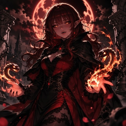 A gothic vampire woman with pointed ears and fangs stands before a blood-red moon, conjuring two fiery serpents from flames in her outstretched hands while wearing a black and red dress.