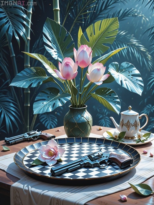 A silver revolver rests on a black-and-white checkered platter next to a pink flower, with another revolver nearby and a vase of pink lotuses in the background.