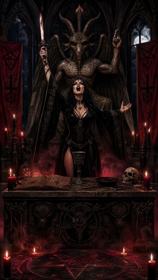 A gothic woman in a black robe raises a bloody dagger at a stone altar, standing before a large winged goat-headed statue surrounded by candles and pentagrams.