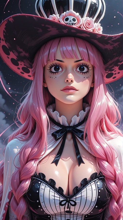 A portrait of Perona with long pink hair in twin braids, wearing a large hat decorated with roses and a skull, a black ribbon tie, and a striped corset top.
