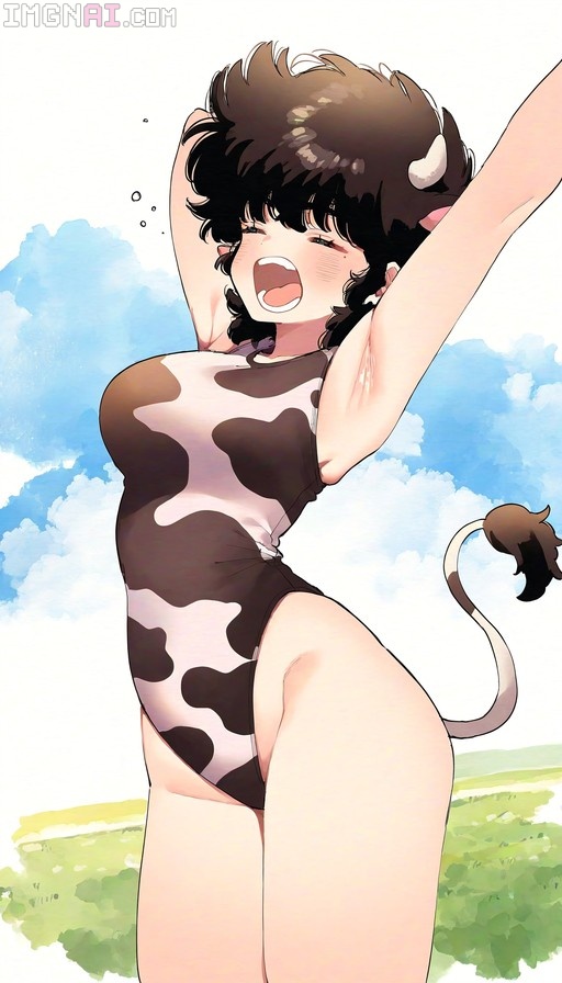 A digital illustration of Karasuma Yayoi from Kinnikuman wearing a cow-print leotard, horns, and tail, yawning and stretching her arms under a blue sky.