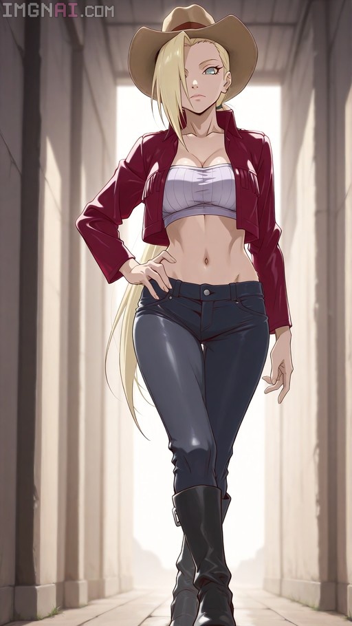 Yamanaka Ino from Naruto wearing a cowboy hat and red jacket.