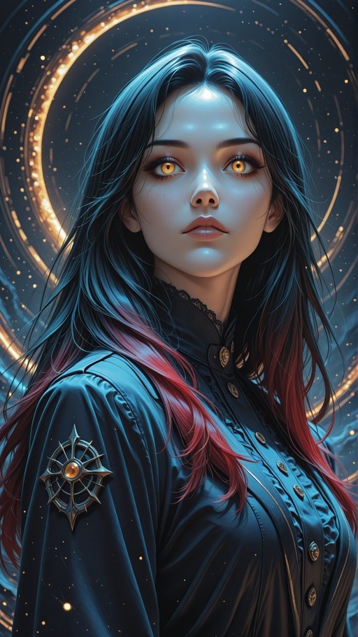A portrait of a young woman with long black hair transitioning to red, featuring glowing amber eyes. She wears a dark blue uniform jacket with gold buttons and a star-shaped brooch on her shoulder, set against a background of swirling golden rings and stars.