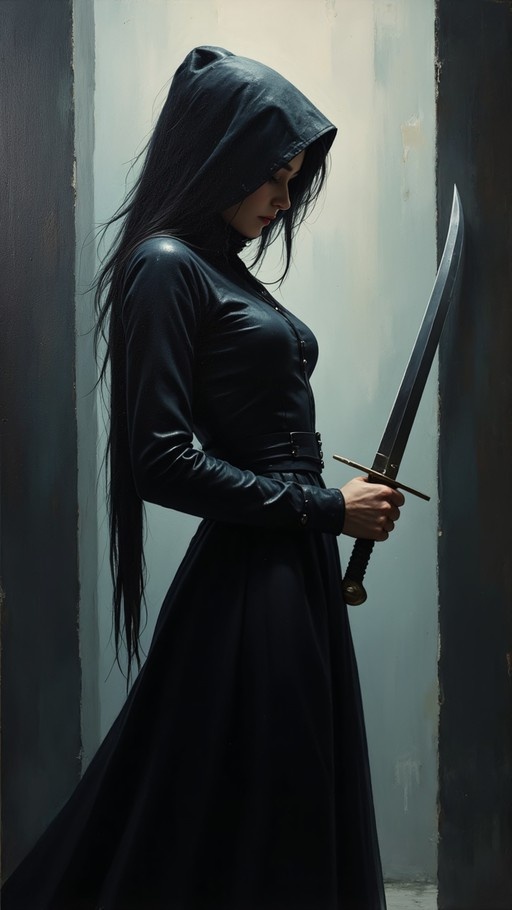 A woman with long black hair in a black hooded dress holding a large sword in profile.