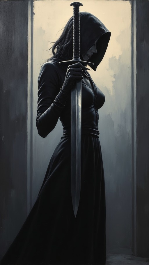 A hooded woman in a long black dress stands in a doorway holding a large sword vertically with both gloved hands.