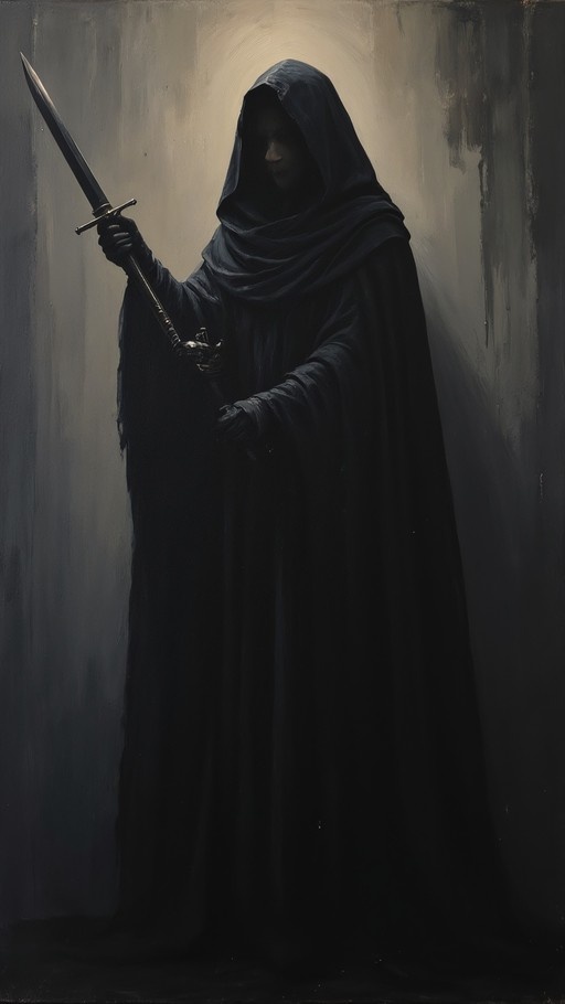 A hooded figure in a black cloak stands holding a sword upright with one hand.