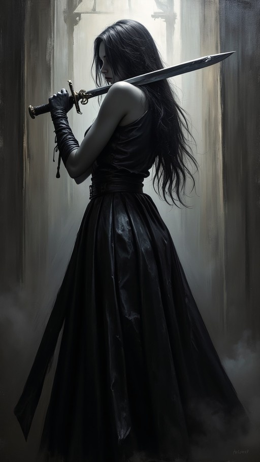 A woman with long black hair in a sleeveless black dress holds a large sword over her shoulder against a misty stone background.