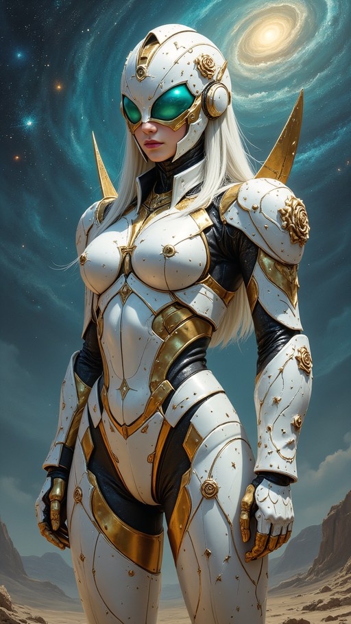 A woman in white and gold sci-fi armor with a green visor stands in a desert under a swirling galaxy sky
