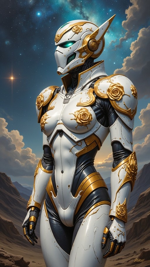 A female robot in white and gold armor with golden roses stands against a starry night sky over mountains.