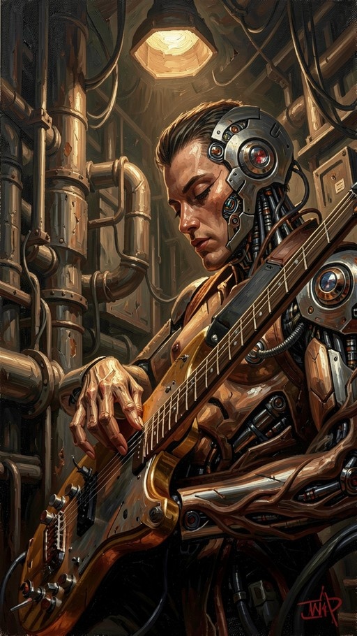 A digital painting of a male cyborg with exposed mechanical joints and a sensor-equipped headpiece playing an electric bass guitar in a dimly lit industrial room filled with pipes.