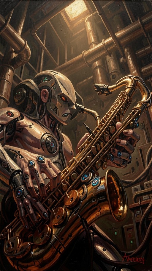 A humanoid robot with glowing red eyes plays a golden saxophone in an industrial setting filled with pipes and machinery.