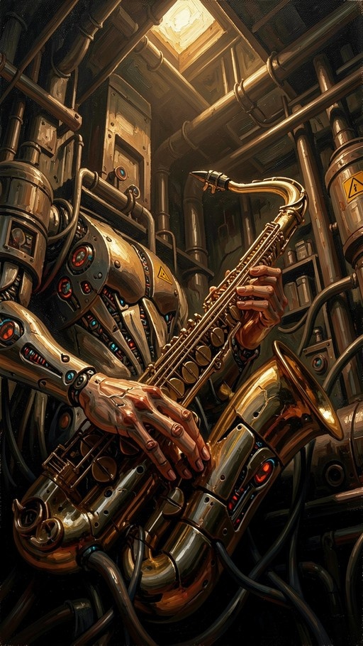 A metallic robot with glowing lights plays a golden saxophone in an industrial room filled with pipes and machinery.