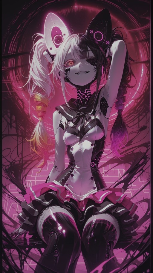 A cybernetic anime girl with split-color twin-tails and large mechanical cat ears sits facing forward, wearing a futuristic white and pink sailor-style outfit against a neon pink background.