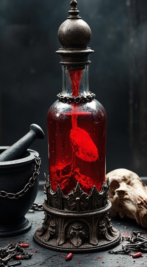 A tall glass bottle filled with red liquid and a floating heart sits on an ornate stand next to a mortar, pestle, and skull.