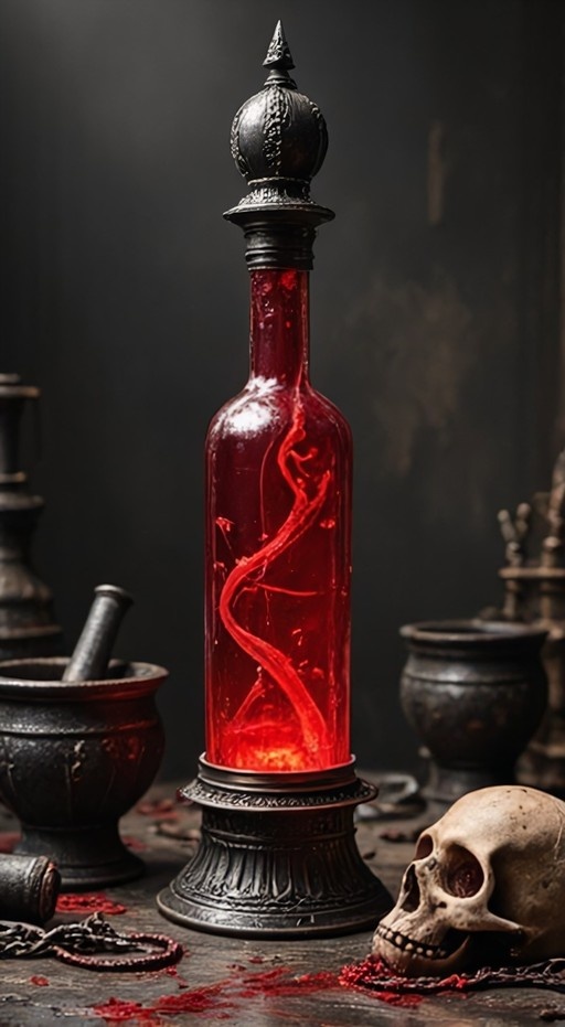 A tall glass bottle filled with glowing red liquid and a coiled serpent sits on an ornate base near a human skull and chains.