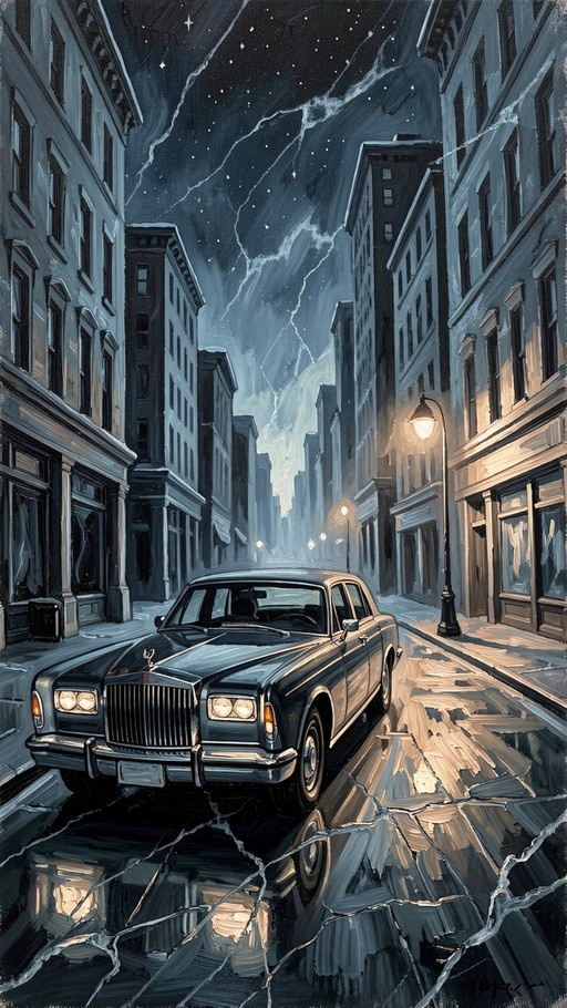 A classic black luxury sedan parked on a wet, cracked city street at night under a starry sky with visible cracks in the atmosphere, rendered in a painterly digital style.
