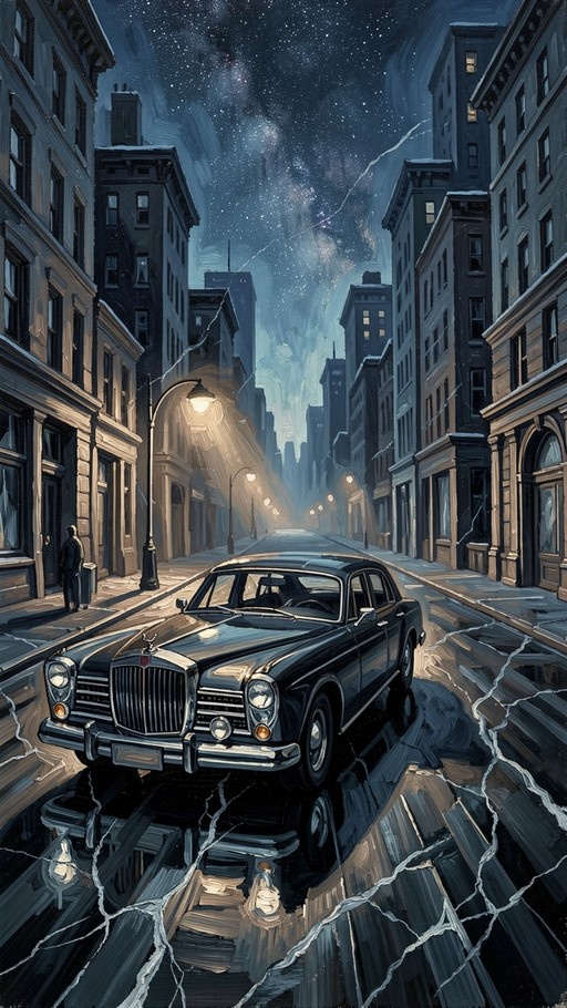 A classic black sedan sits on a cracked, reflective city street at night beneath a starry sky and glowing streetlamps.