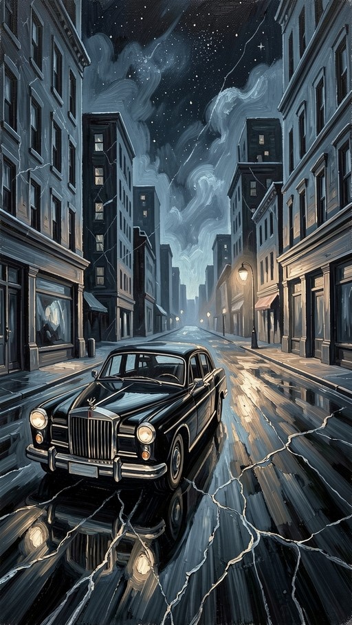 A black vintage car drives down a wet city street at night with buildings on either side and a starry sky above.