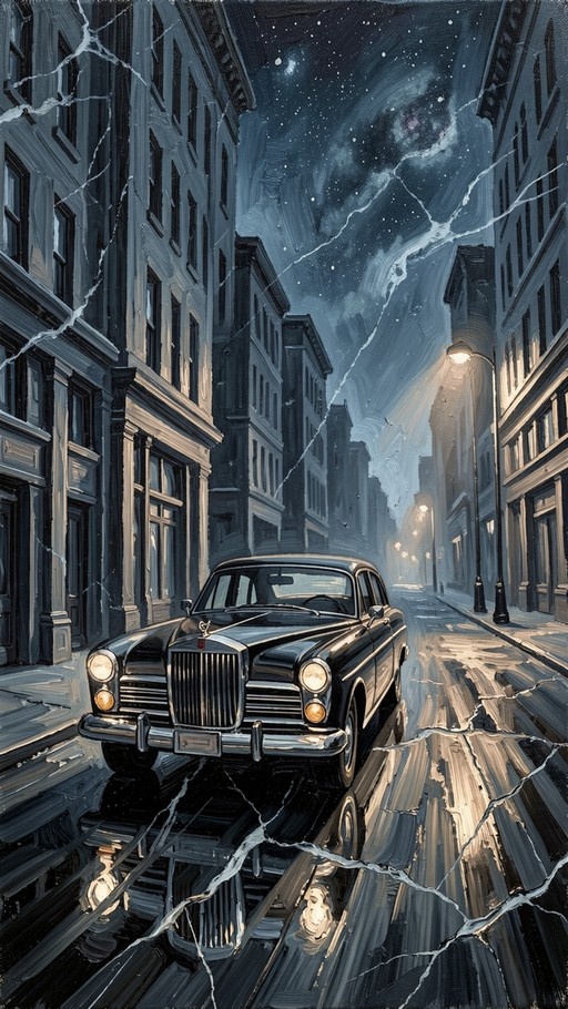 A black vintage luxury car parked on a wet city street at night under a starry sky with a cracked texture overlay.