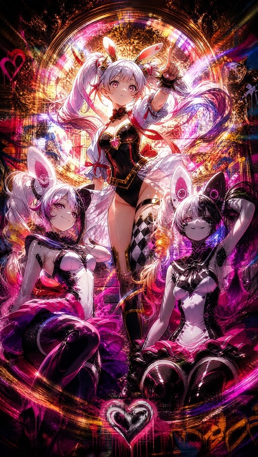 Three anime-style girls with bunny ears pose against a glowing abstract background; the central standing girl points up in a black leotard while two seated companions flank her in shiny outfits.