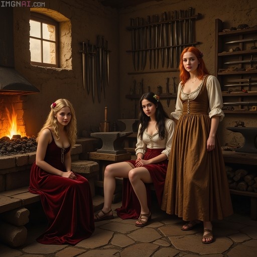 Three young women in medieval dresses pose inside a stone-walled smithy with hanging swords and a burning fireplace.