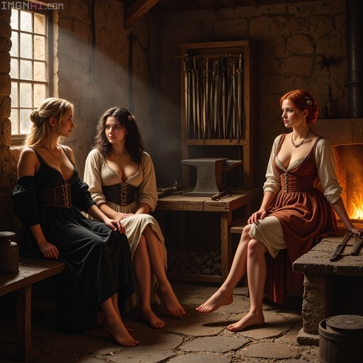 Three women in period dresses sitting in a stone forge with swords and an anvil.