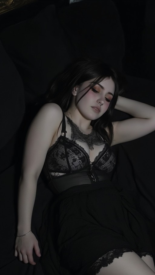 A realistic image of a young woman with long black hair and a nose ring lying on her back in black lace lingerie against a dark background.