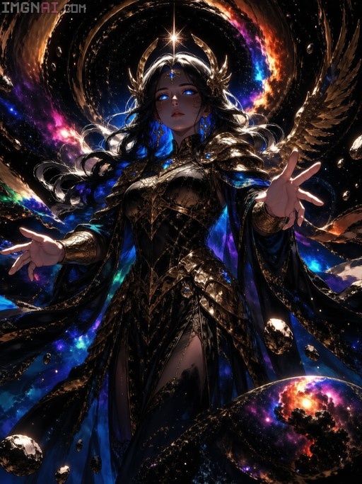 A fantasy warrior woman with long black hair, glowing blue eyes, and large golden wings wears ornate armor while floating in deep space amidst colorful nebulae and asteroids.
