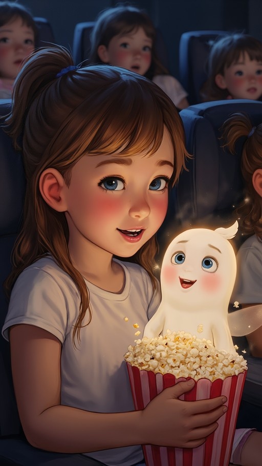 A young girl holds a bucket of popcorn in a movie theater while a small glowing white ghost sits on top of the bucket.