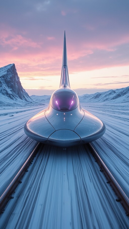 A sleek silver futuristic spacecraft with glowing purple eyes travels along railroad tracks through a snowy mountain landscape at twilight.