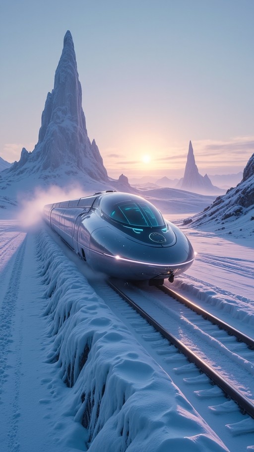 A futuristic silver train with glowing blue lights travels along tracks through a snowy mountain valley at sunrise.