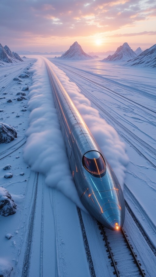 A sleek silver futuristic train travels along tracks through a snowy mountain landscape at sunset.
