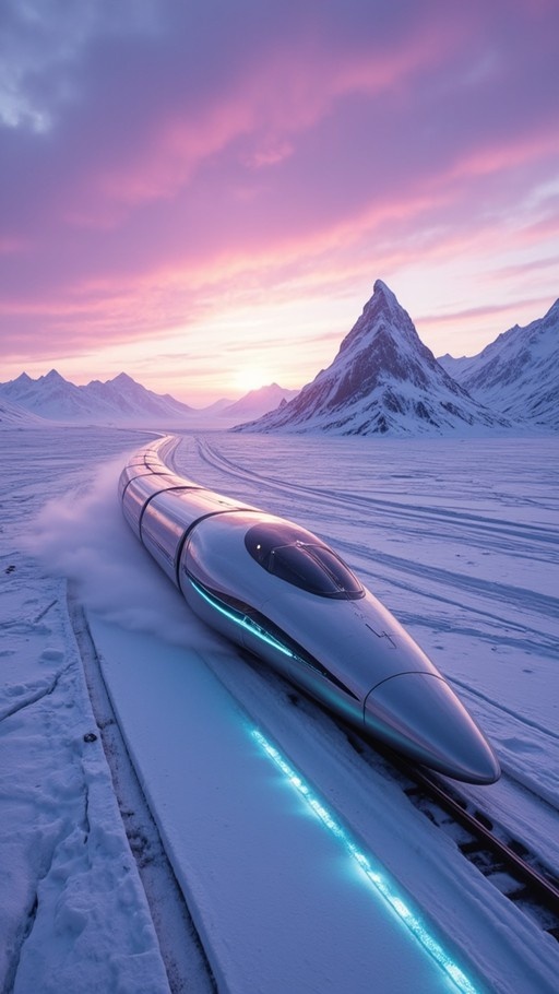 A sleek silver futuristic train travels along tracks through a snow-covered valley with jagged mountains and a pink sunset sky.