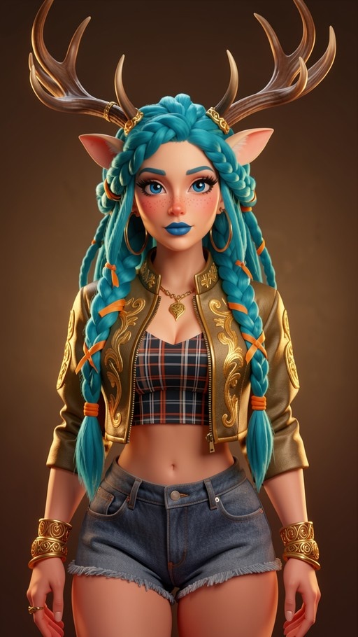 A young woman with large deer antlers and pointed ears stands facing forward, wearing a brown leather jacket over a plaid crop top and denim shorts, her long blue hair styled in twin braids.