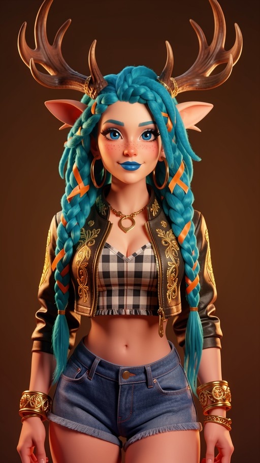 A stylized digital portrait of a deer girl with blue braided hair, antlers, pointed ears, and gold jewelry wearing a cropped jacket and denim shorts.