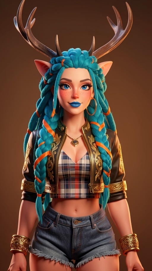 A young woman with large deer antlers and pointed ears stands in a 3D render, wearing a black jacket with gold trim over a plaid top and denim shorts, her long blue hair braided with orange ribbons.