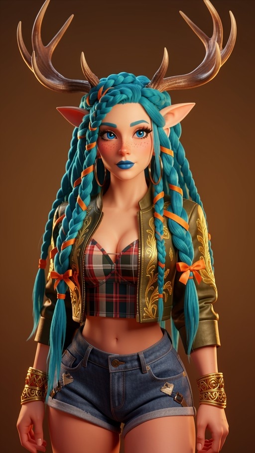 A digital illustration of a fantasy woman with long blue hair in twin braids adorned with orange ribbons, large deer antlers on her head, pointed ears, wearing an olive green embroidered jacket over a plaid top and denim shorts.