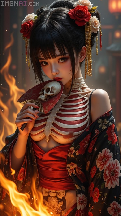 A young woman with black hair and roses holds a skull fan near her mouth, wearing a red kimono with a visible skeleton ribcage design amidst flames.