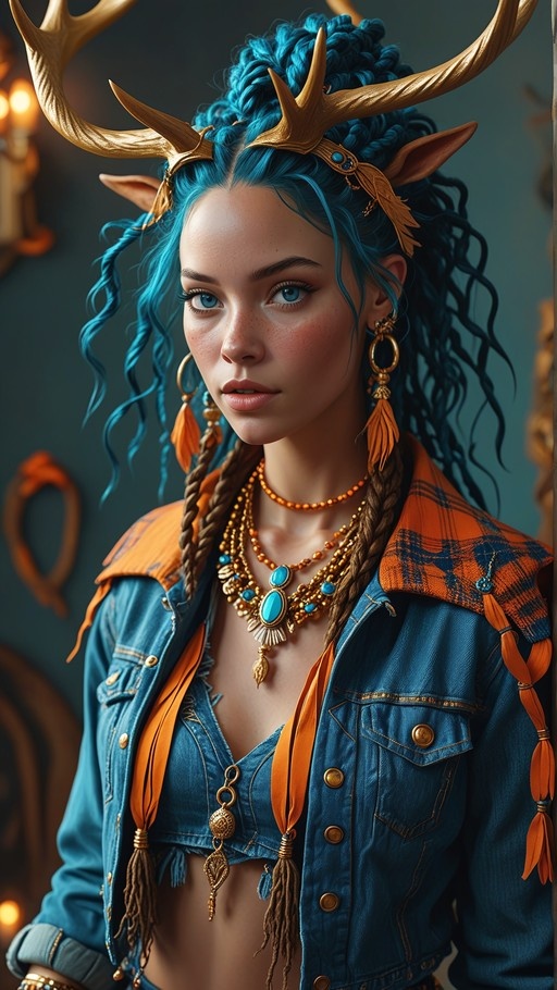 Blue-haired fantasy woman with large golden antlers wearing a denim jacket and turquoise necklaces.