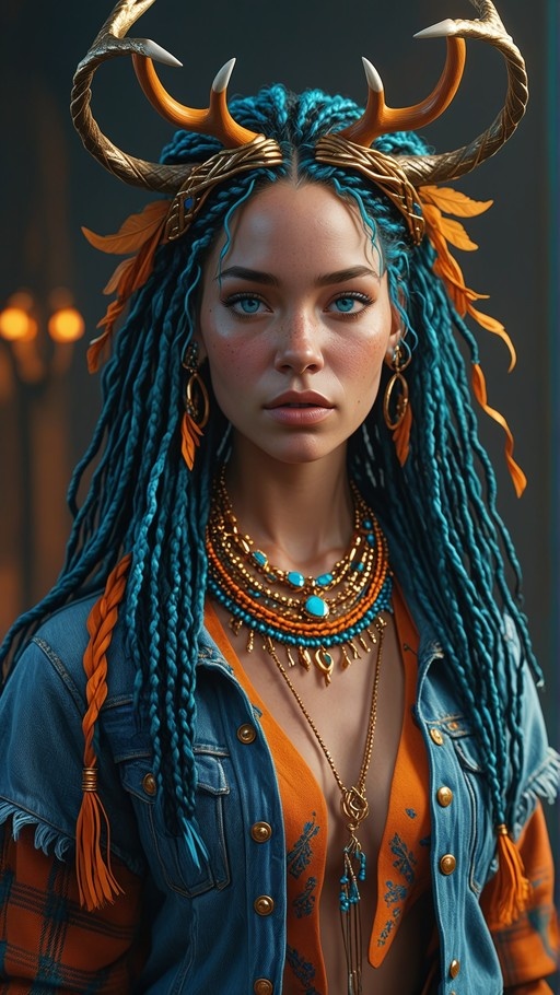 A realistic digital portrait of a young woman with long blue braids and freckles, wearing an elaborate antler headdress with orange feathers, layered turquoise necklaces, and a denim jacket over an orange top.