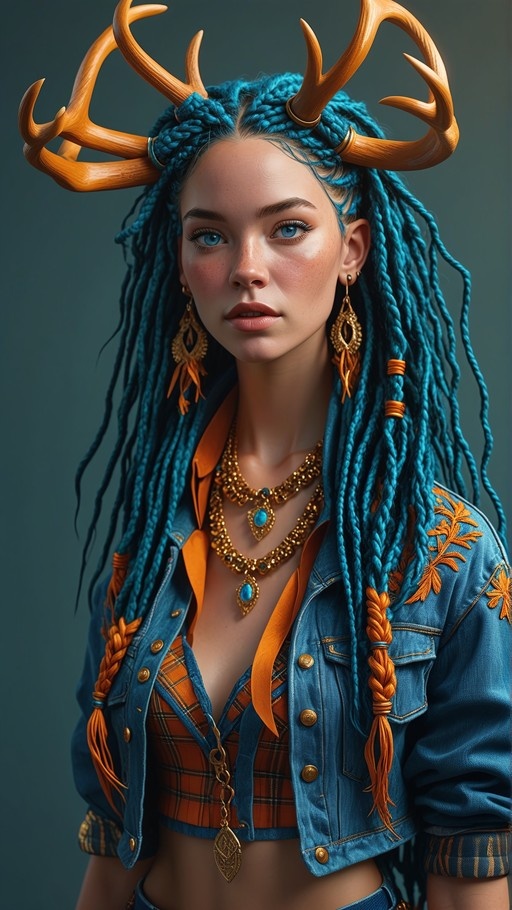 A realistic digital portrait of a young woman with long blue braids and large wooden deer antlers on her head, wearing a denim jacket and gold necklaces.